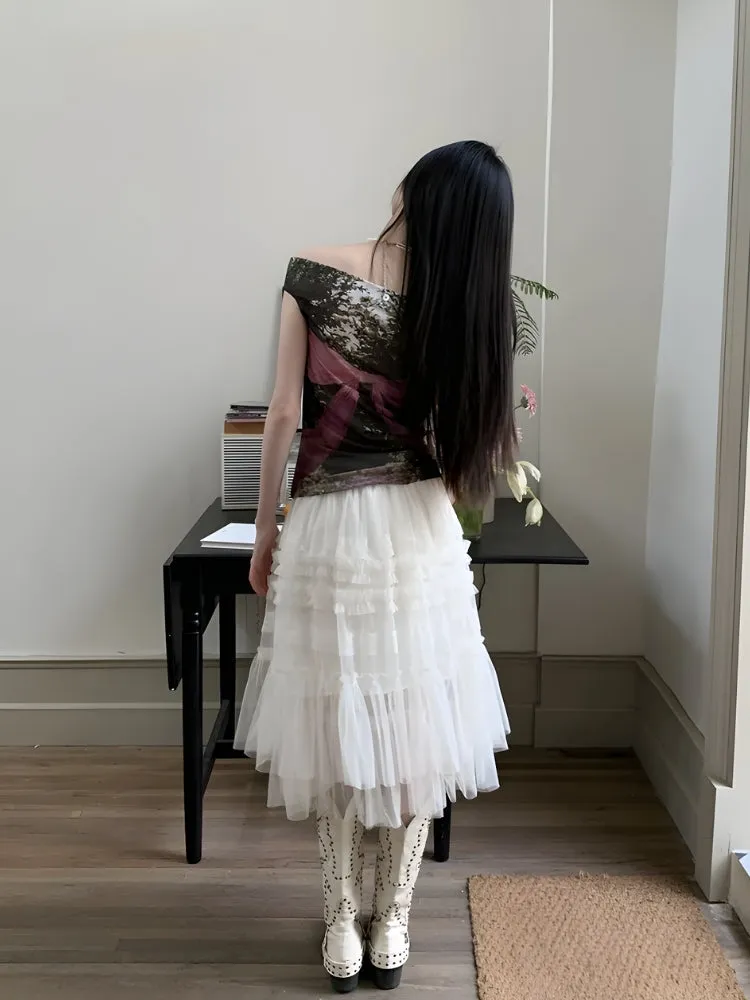 Y2K Bow Off Shoulder Mesh Top