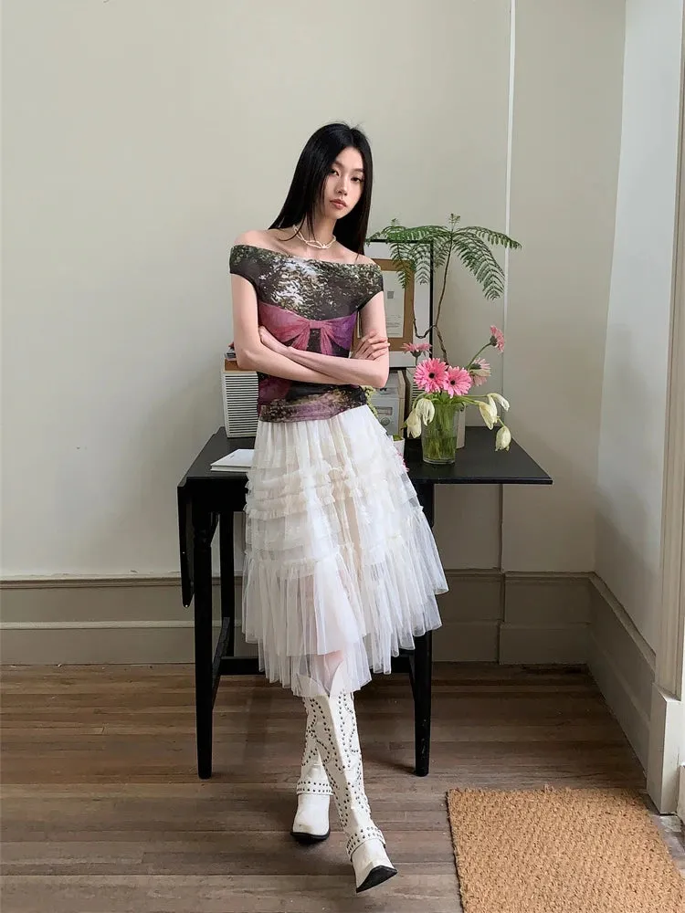 Y2K Bow Off Shoulder Mesh Top