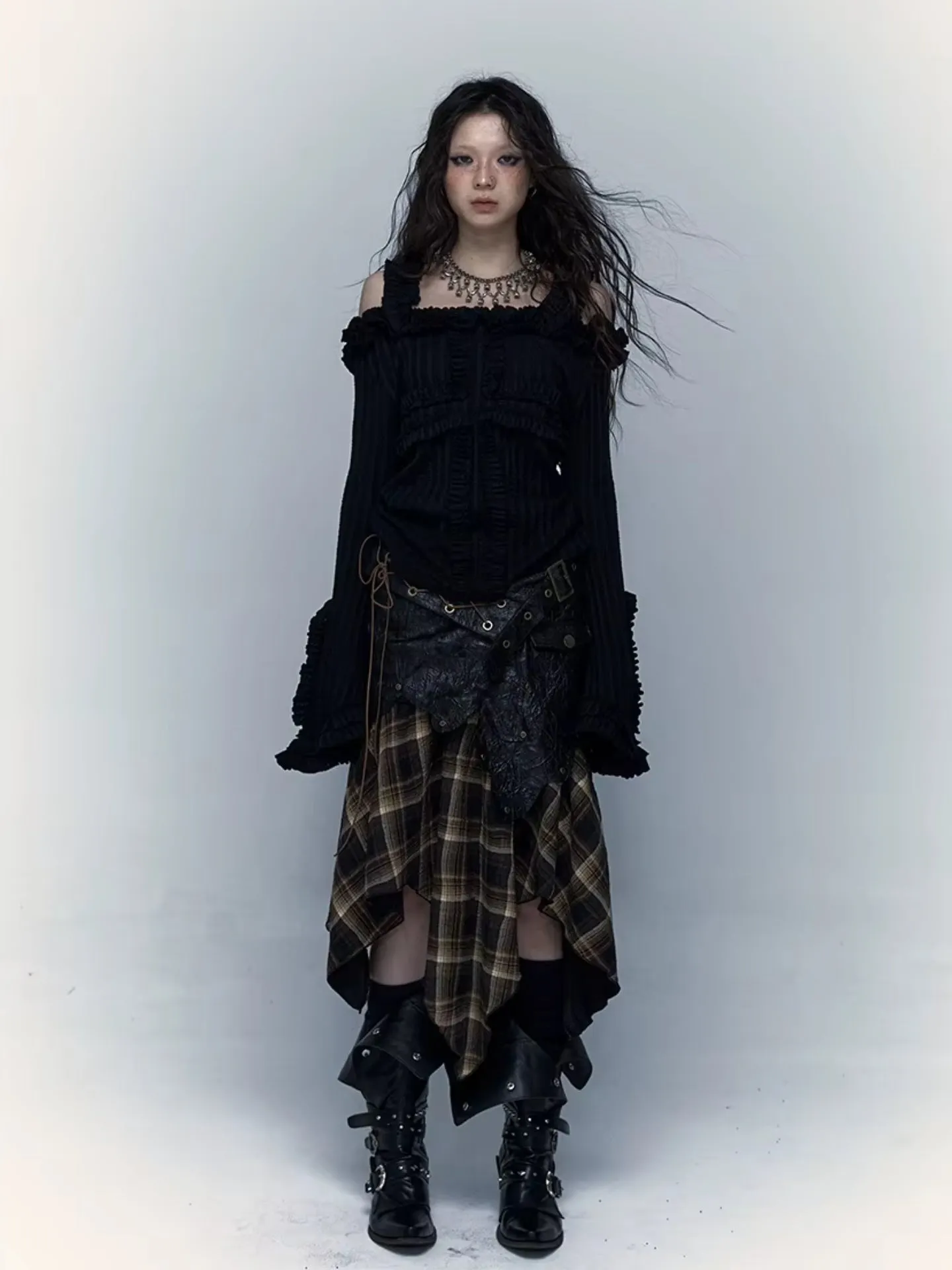 Y2K Goth Ruffled Off Shoulder Top