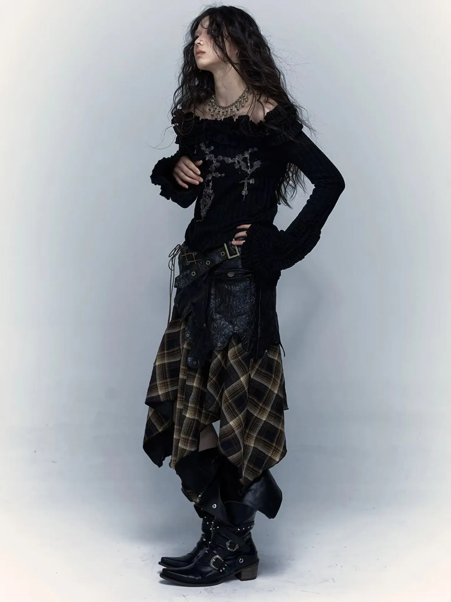 Y2K Goth Ruffled Off Shoulder Top