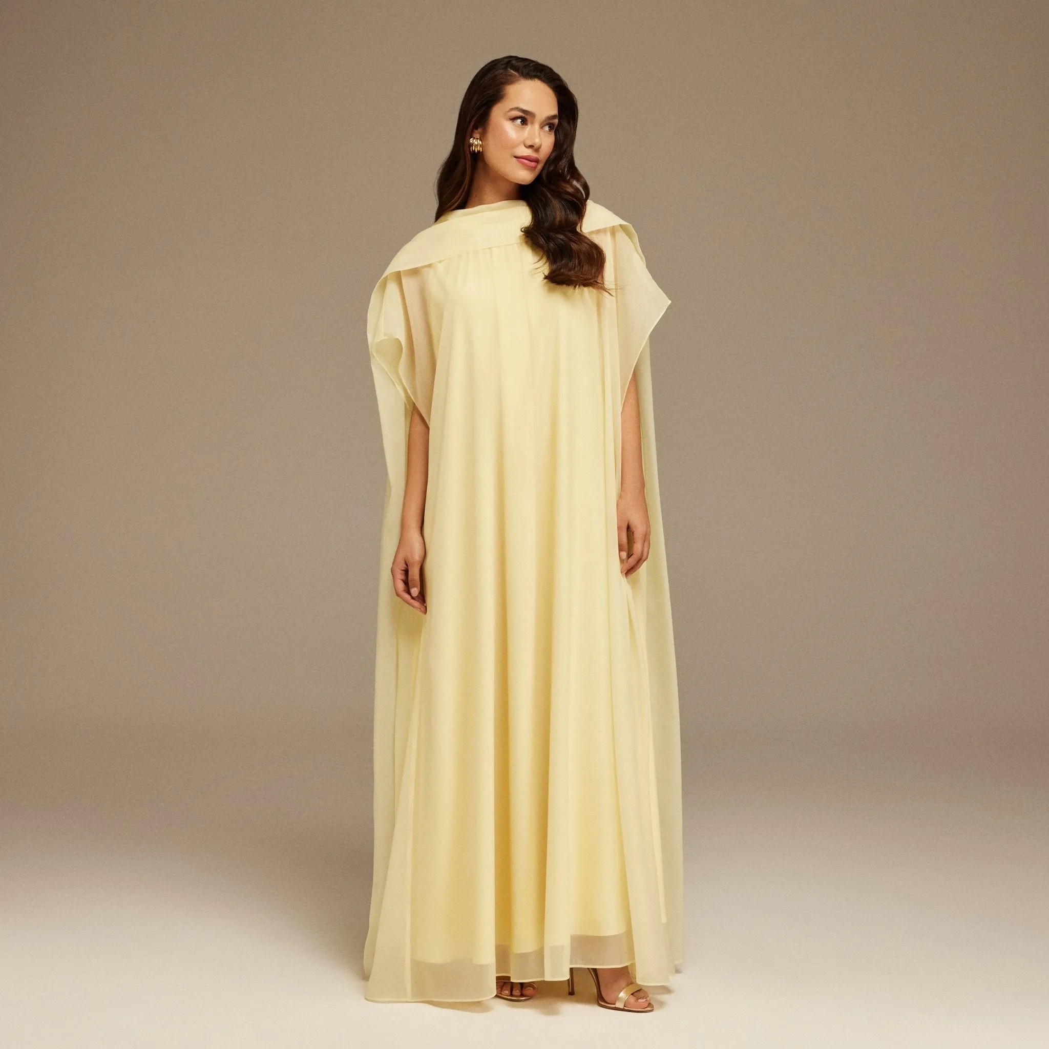 Yellow Halter Neckline Maxi Dress With Cape with scarf