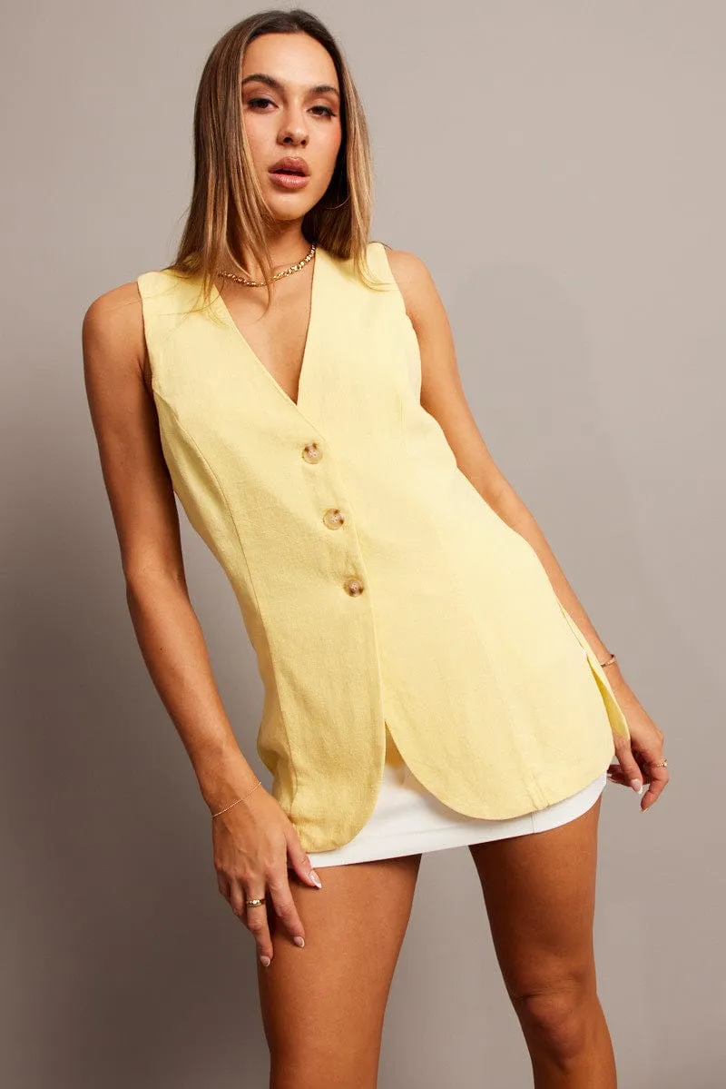 Yellow Linen Vest Longline V Neck