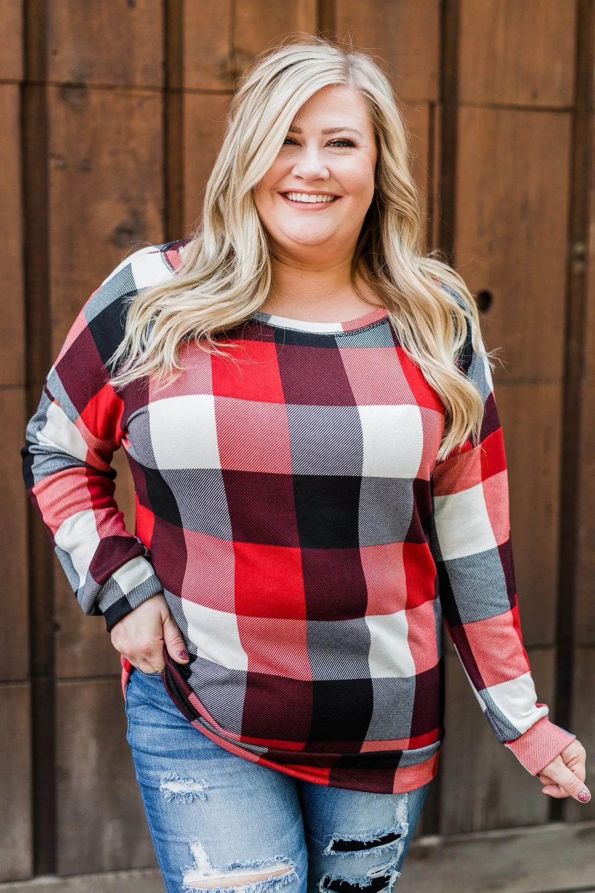 Yours Truly Checkered Off The Shoulder Top- Red