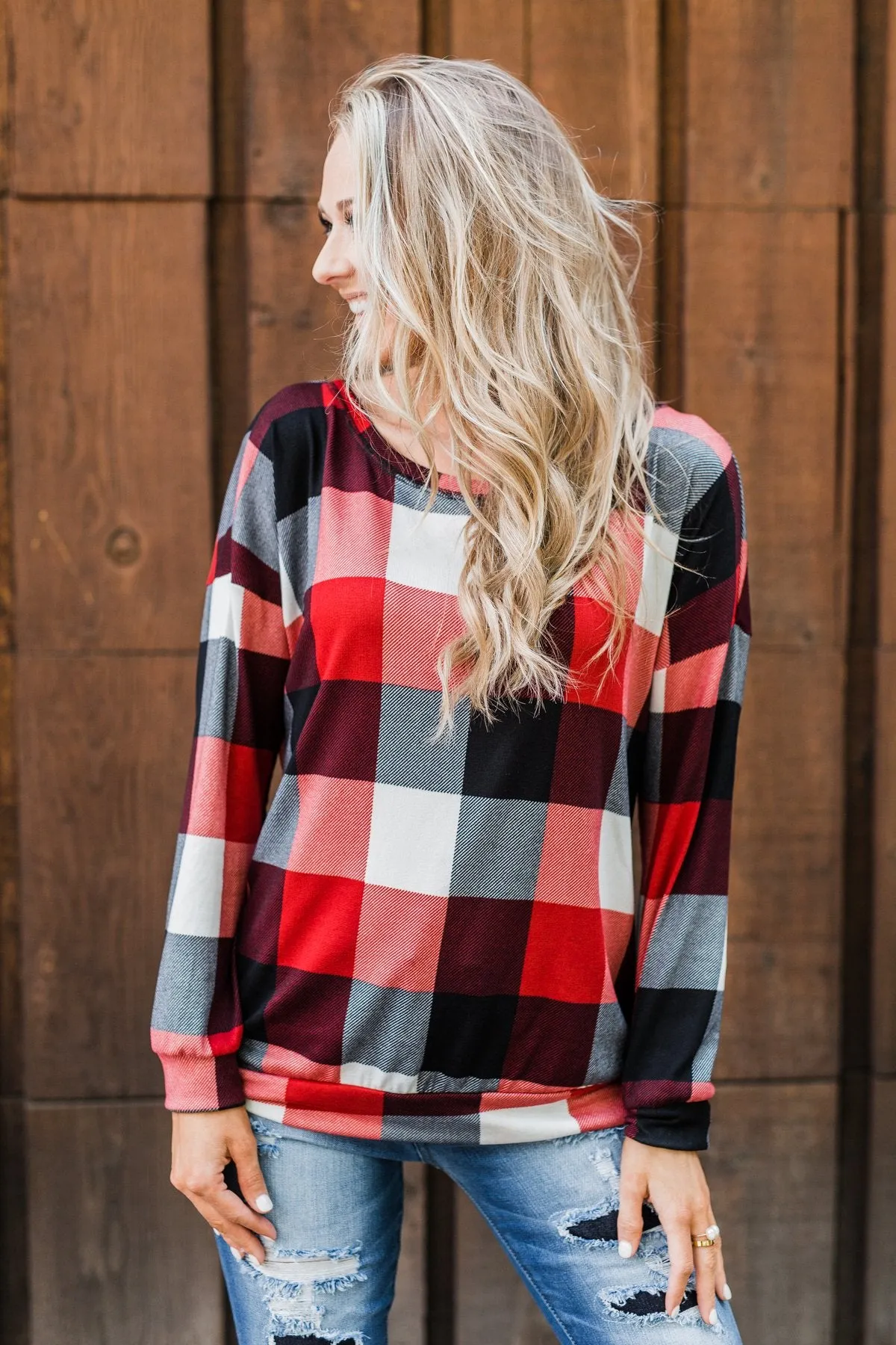 Yours Truly Checkered Off The Shoulder Top- Red