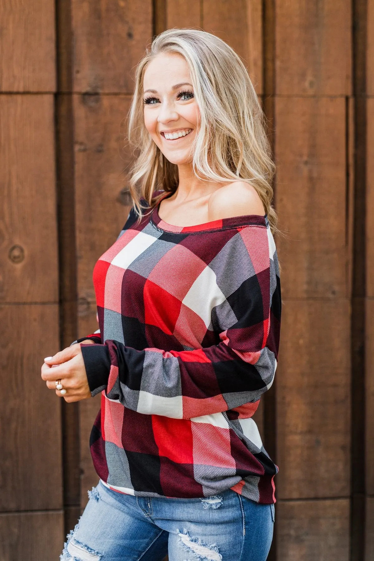Yours Truly Checkered Off The Shoulder Top- Red