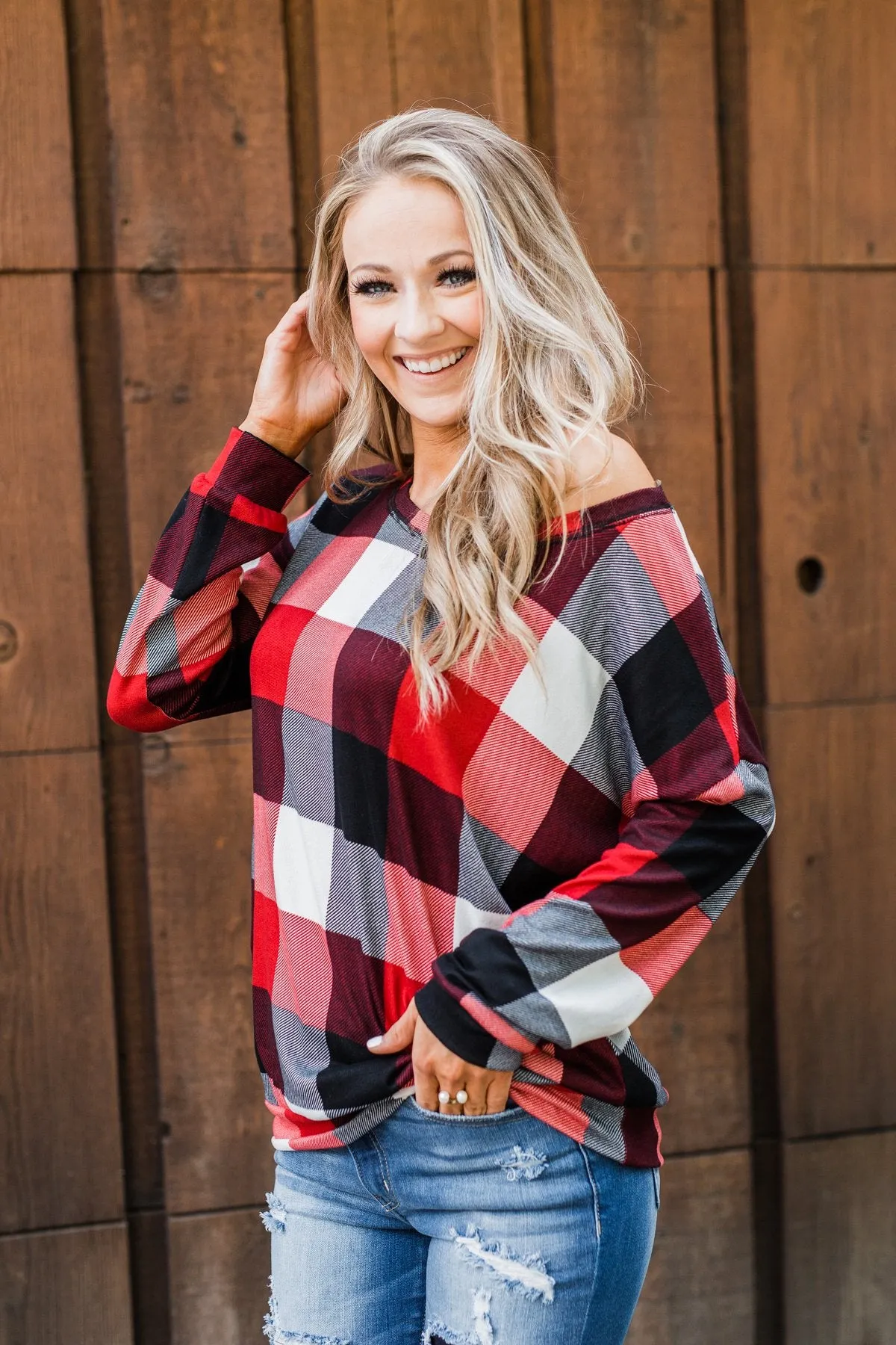 Yours Truly Checkered Off The Shoulder Top- Red