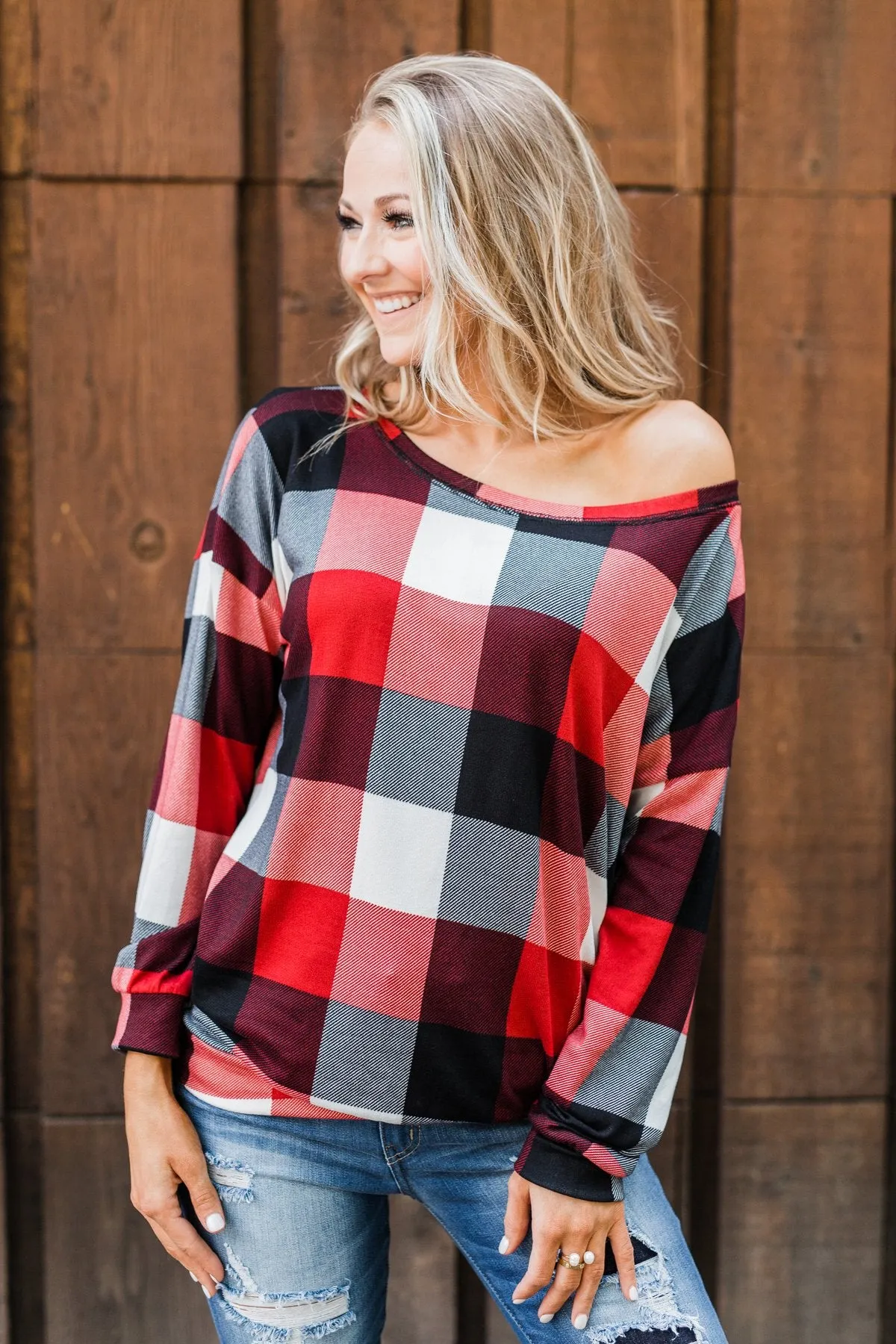 Yours Truly Checkered Off The Shoulder Top- Red
