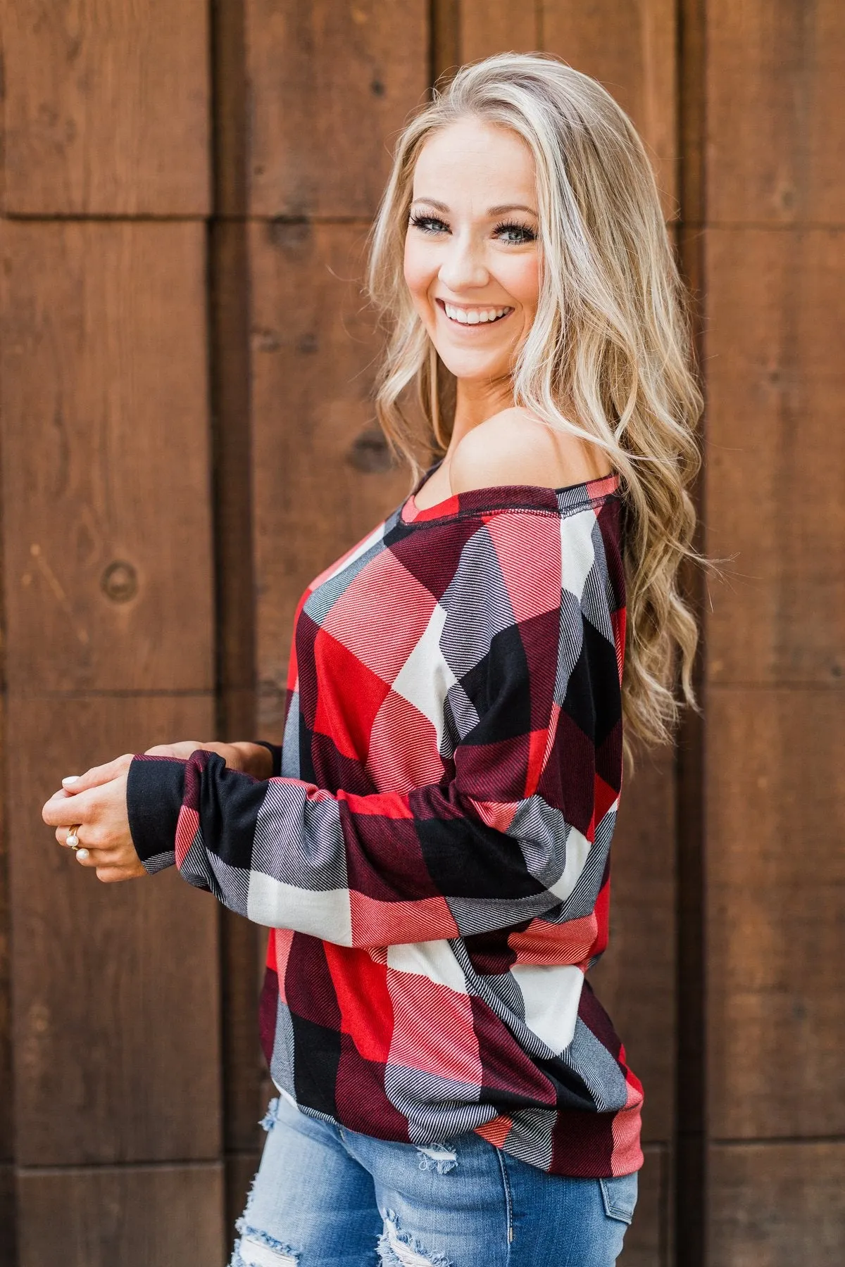 Yours Truly Checkered Off The Shoulder Top- Red