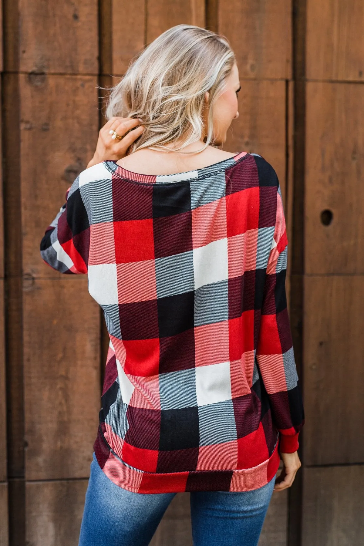 Yours Truly Checkered Off The Shoulder Top- Red