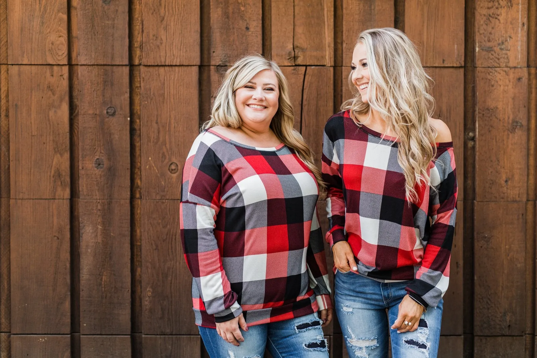Yours Truly Checkered Off The Shoulder Top- Red