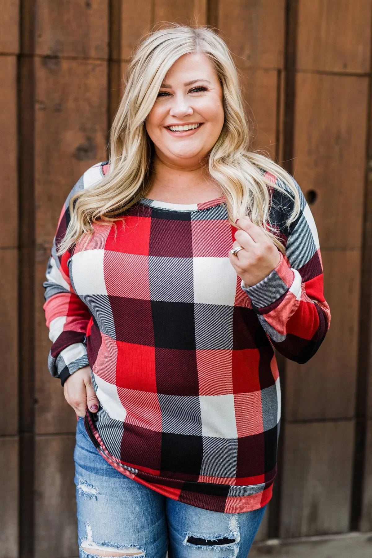 Yours Truly Checkered Off The Shoulder Top- Red