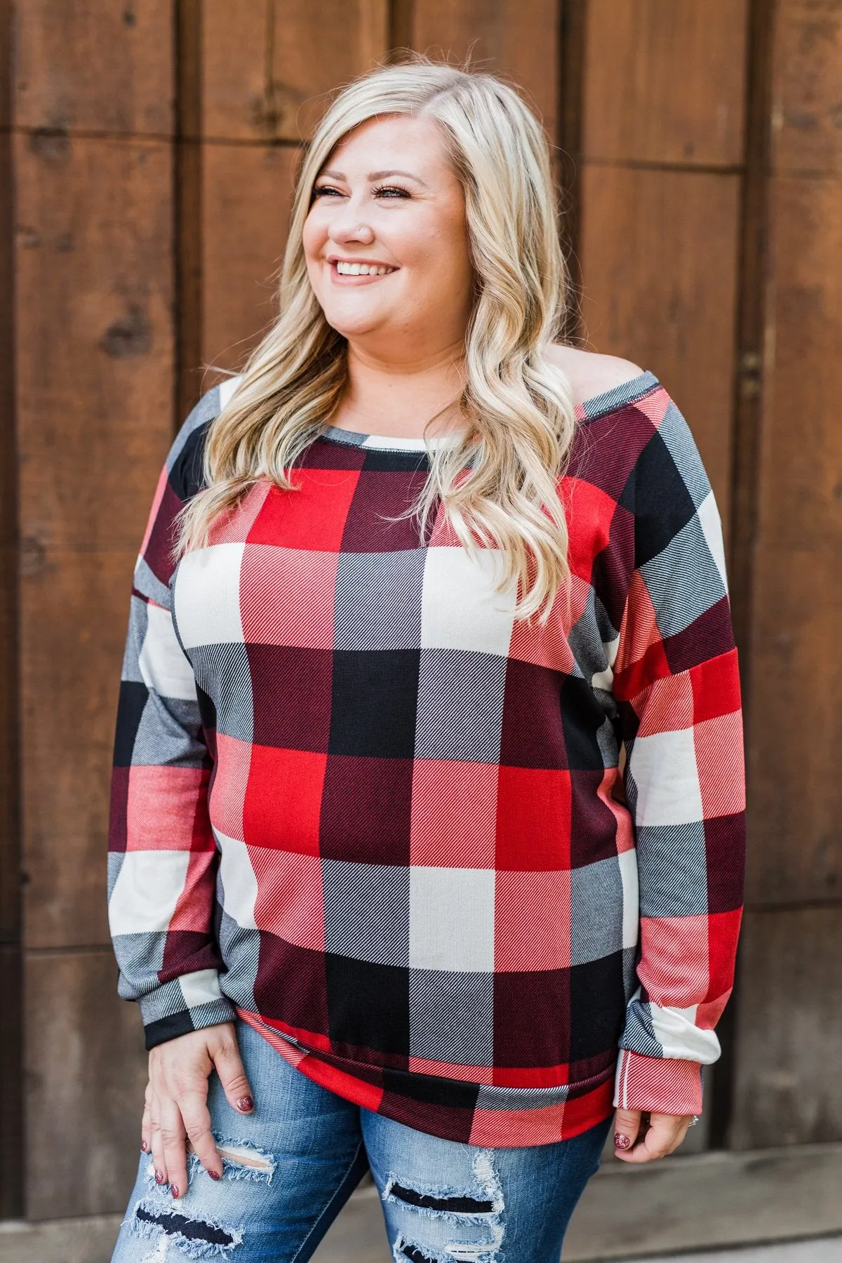 Yours Truly Checkered Off The Shoulder Top- Red