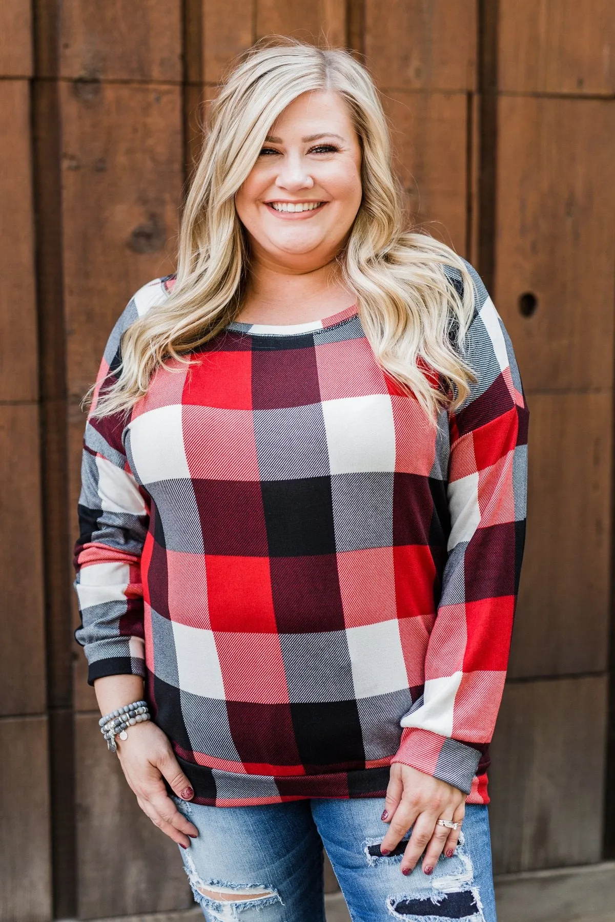 Yours Truly Checkered Off The Shoulder Top- Red