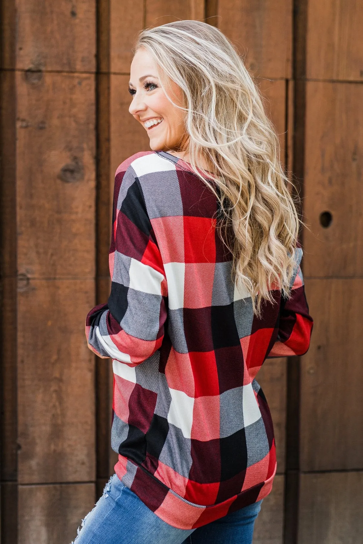 Yours Truly Checkered Off The Shoulder Top- Red
