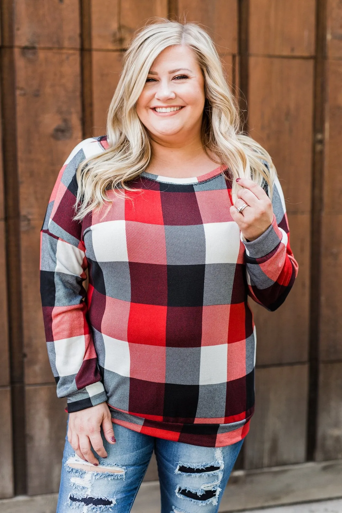 Yours Truly Checkered Off The Shoulder Top- Red