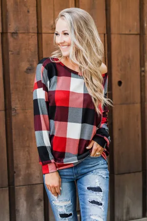 Yours Truly Checkered Off The Shoulder Top- Red