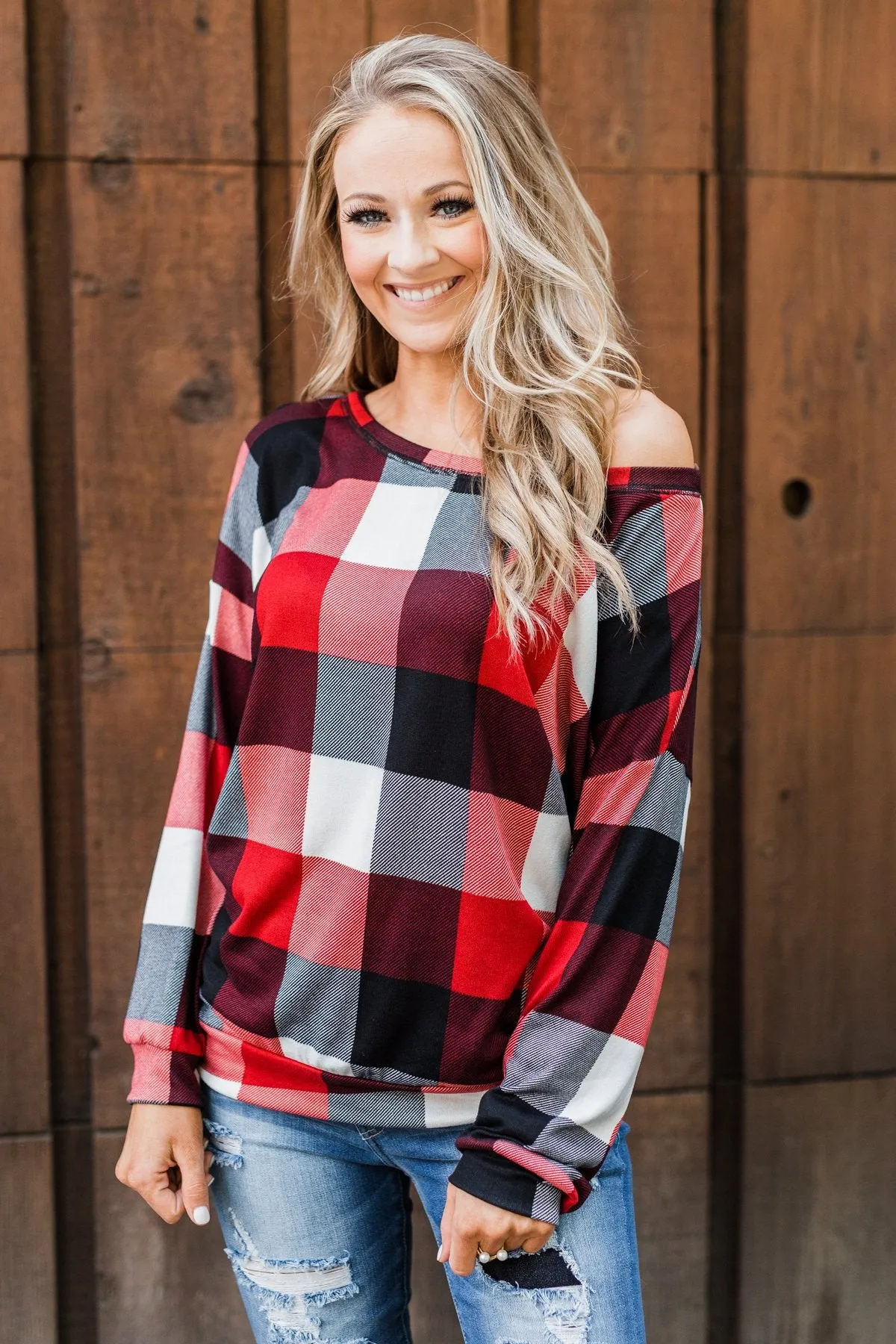 Yours Truly Checkered Off The Shoulder Top- Red