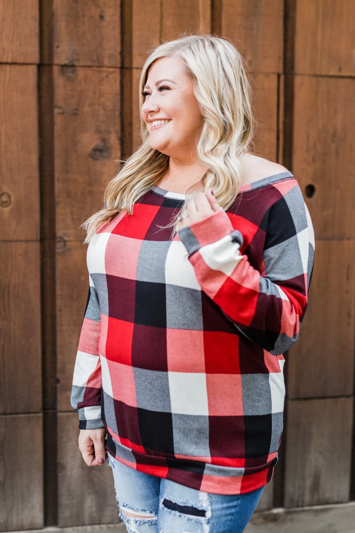 Yours Truly Checkered Off The Shoulder Top- Red