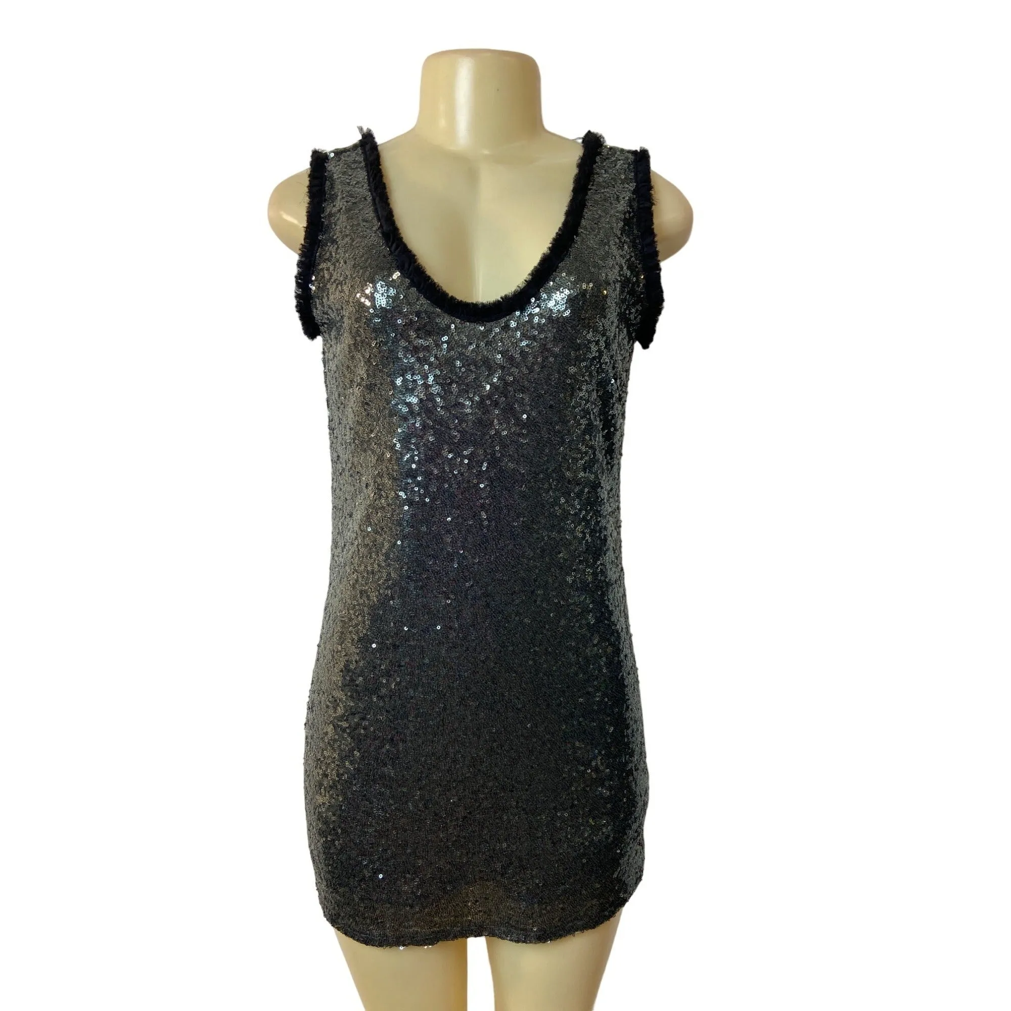 Zara Women's Black and Smoke Metallic Sequin Shift Dress Sz XS