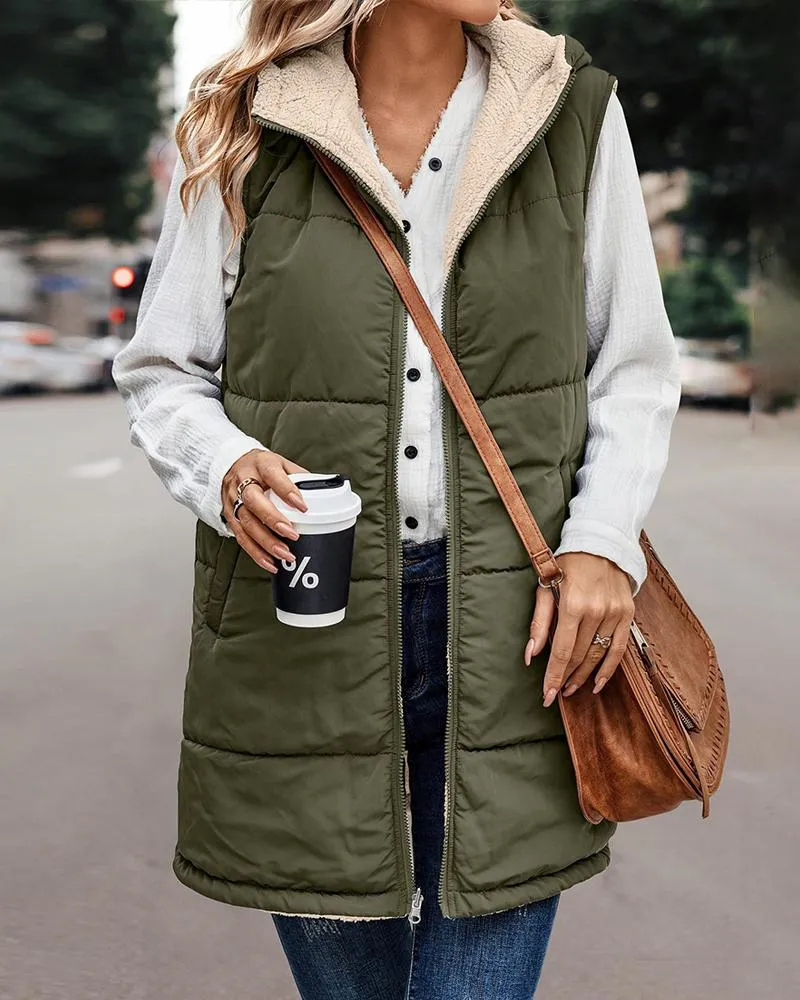 Zipper Design Hooded Versatile Longline Puffer Vest Coat