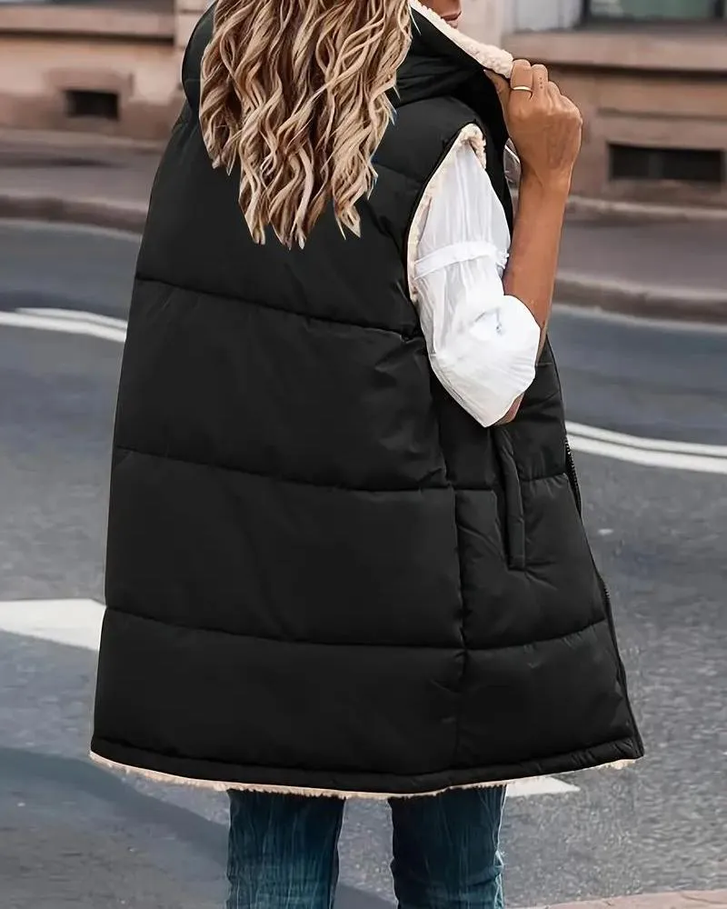 Zipper Design Hooded Versatile Longline Puffer Vest Coat