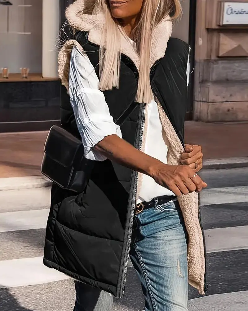 Zipper Design Hooded Versatile Longline Puffer Vest Coat