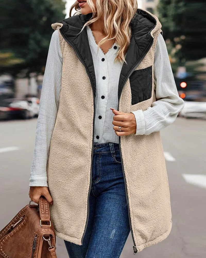 Zipper Design Hooded Versatile Longline Puffer Vest Coat