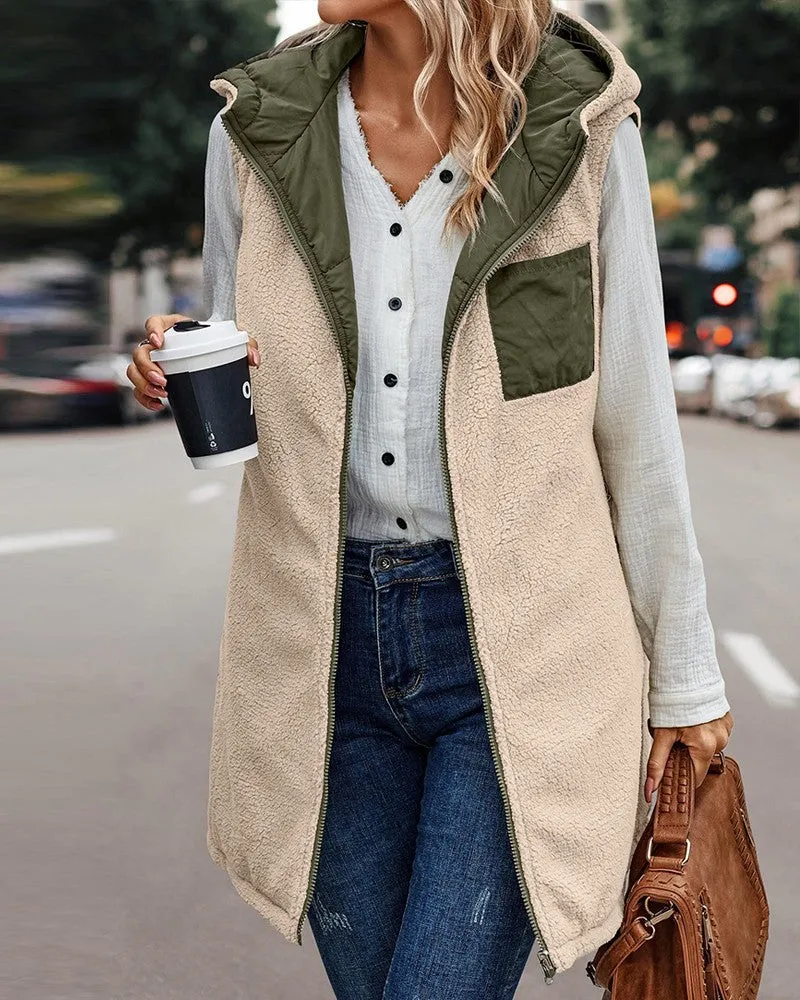 Zipper Design Hooded Versatile Longline Puffer Vest Coat