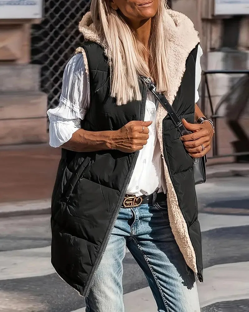 Zipper Design Hooded Versatile Longline Puffer Vest Coat