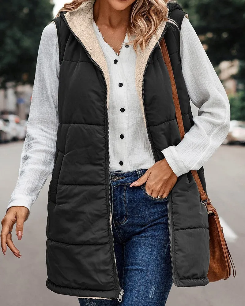 Zipper Design Hooded Versatile Longline Puffer Vest Coat